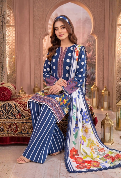 D# 11184 Blue 3 PCS Unstitched Lawn